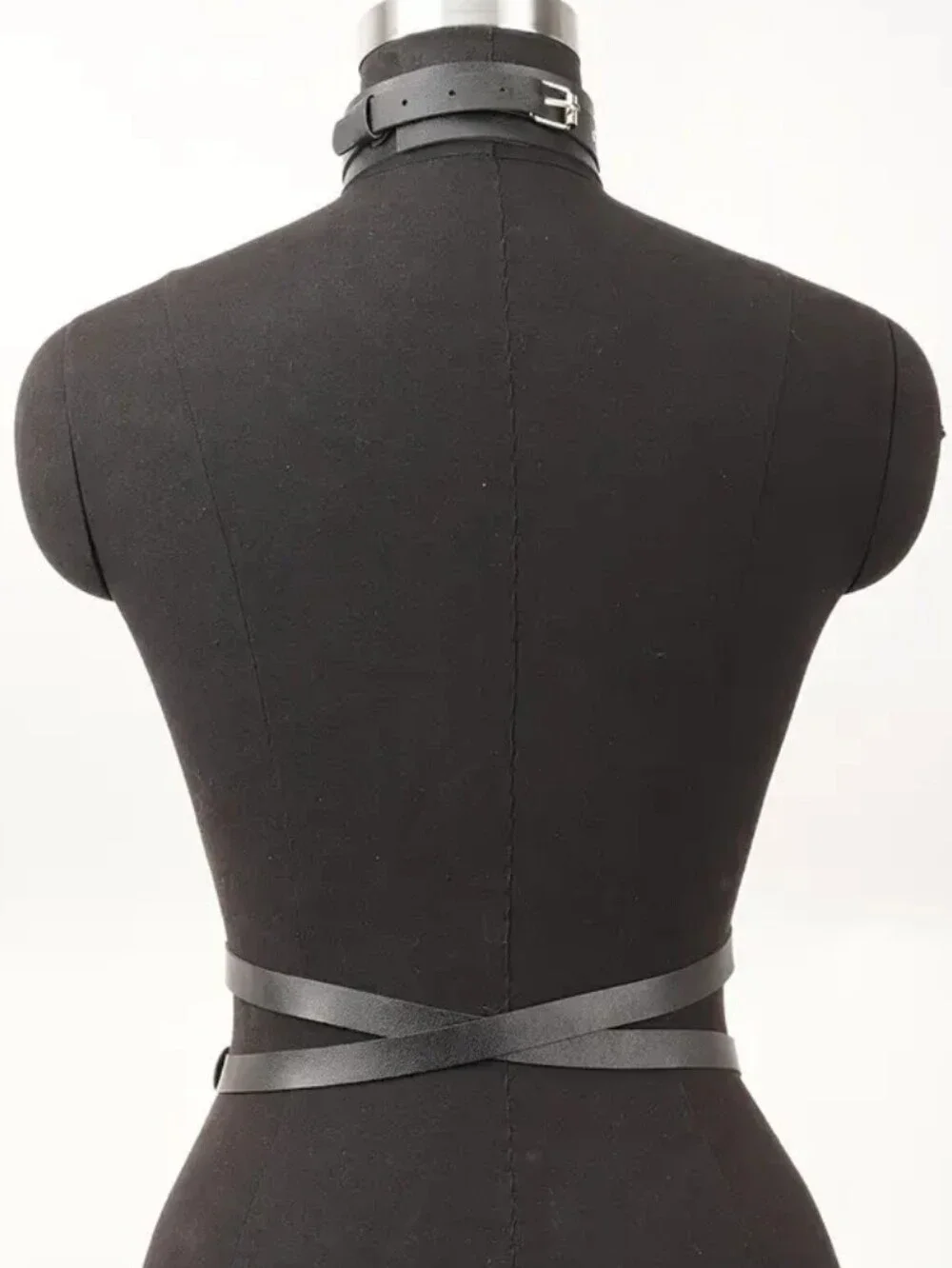 BDSM Bondage Body Harness Collar - Waist Black PU Leather W/Large Silver O-rings